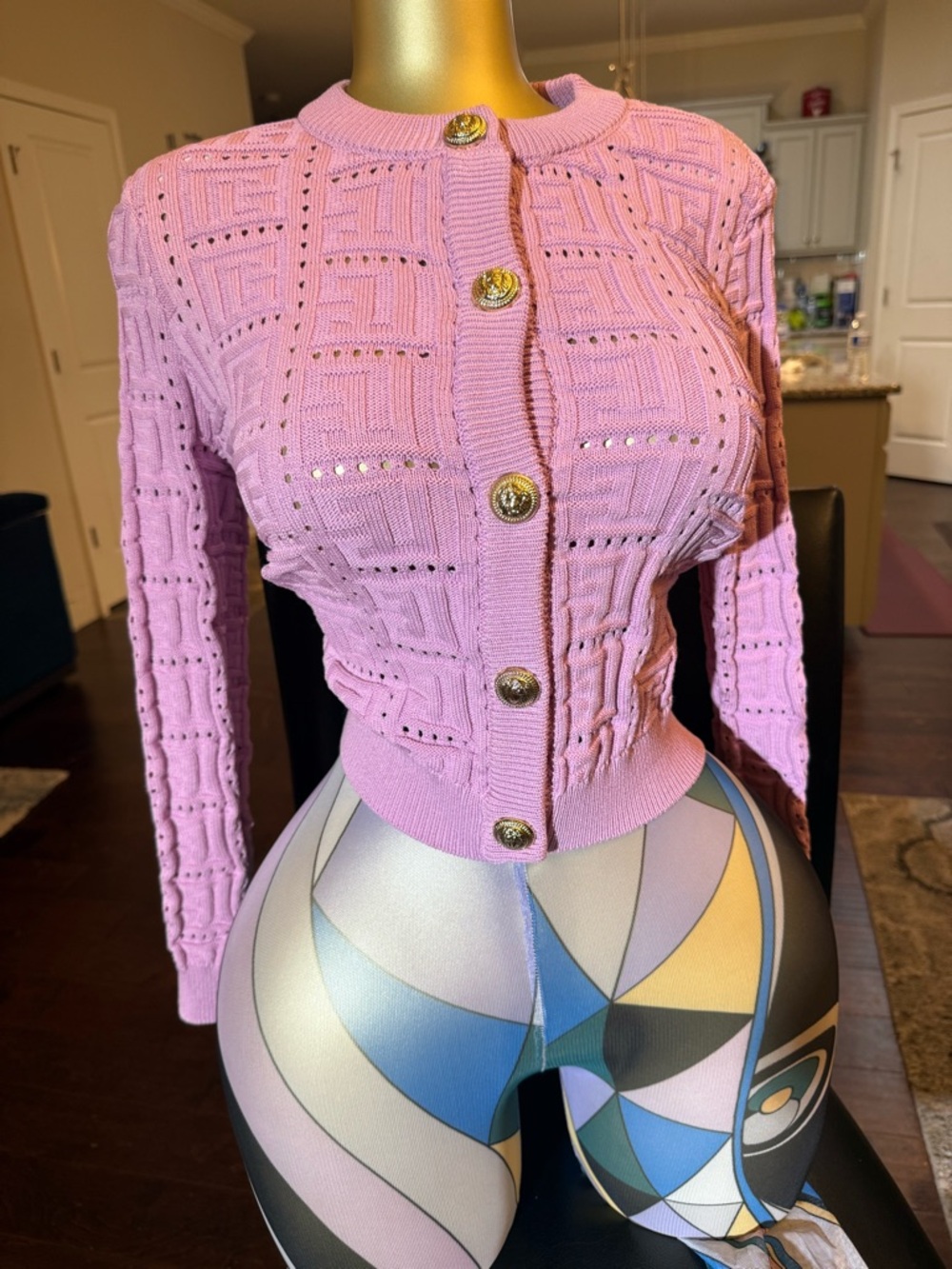 Pink Knit Cropped Cardigan with Gold Buttons